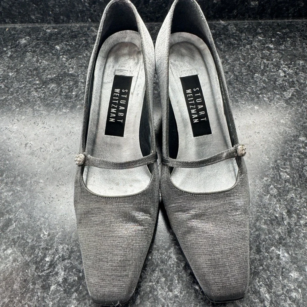 Vintage Stuart Weitzman Silver Evening Mary Jane Pumps Jeweled Accent Womens 6.5